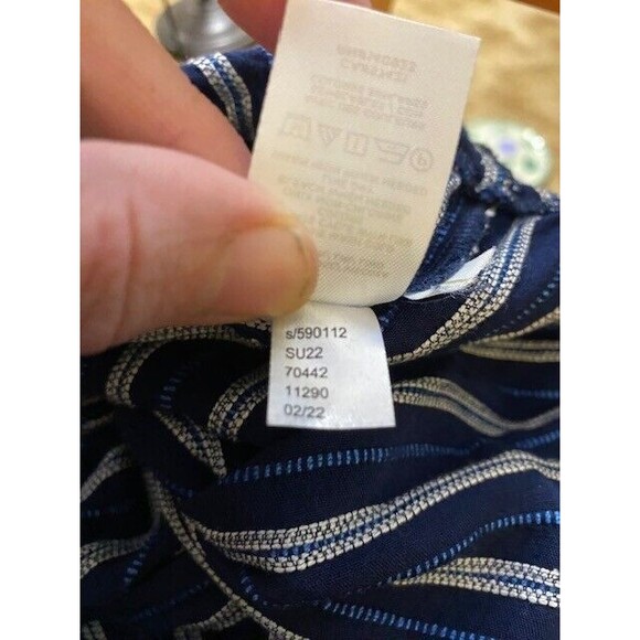 Loft Blue Striped Linen Blend Drawstring Waist Adjustable Strap Romper Size L - Picture 8 of 10